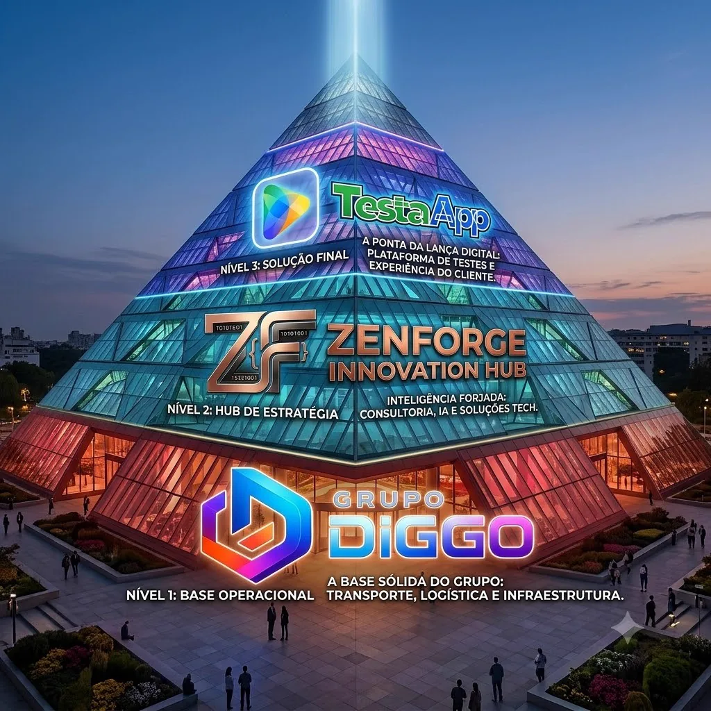 Estrutura em camadas do Grupo Diggo: base operacional, hub Zenforge e solução TestaApp
